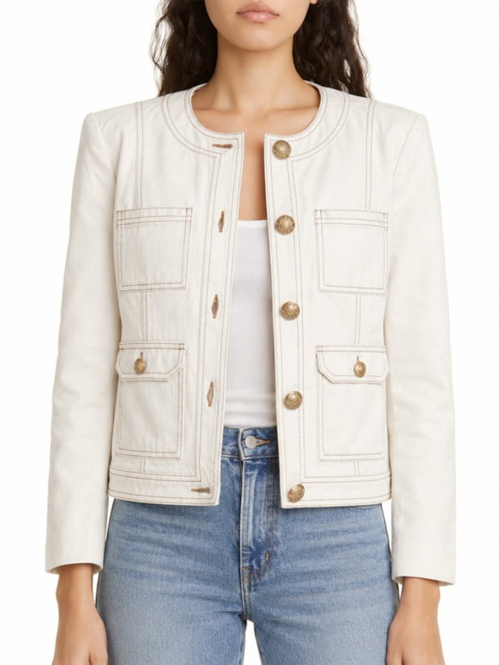 Avara Cream Denim Gold Button Utility Jacket Veronica Beard Dupe